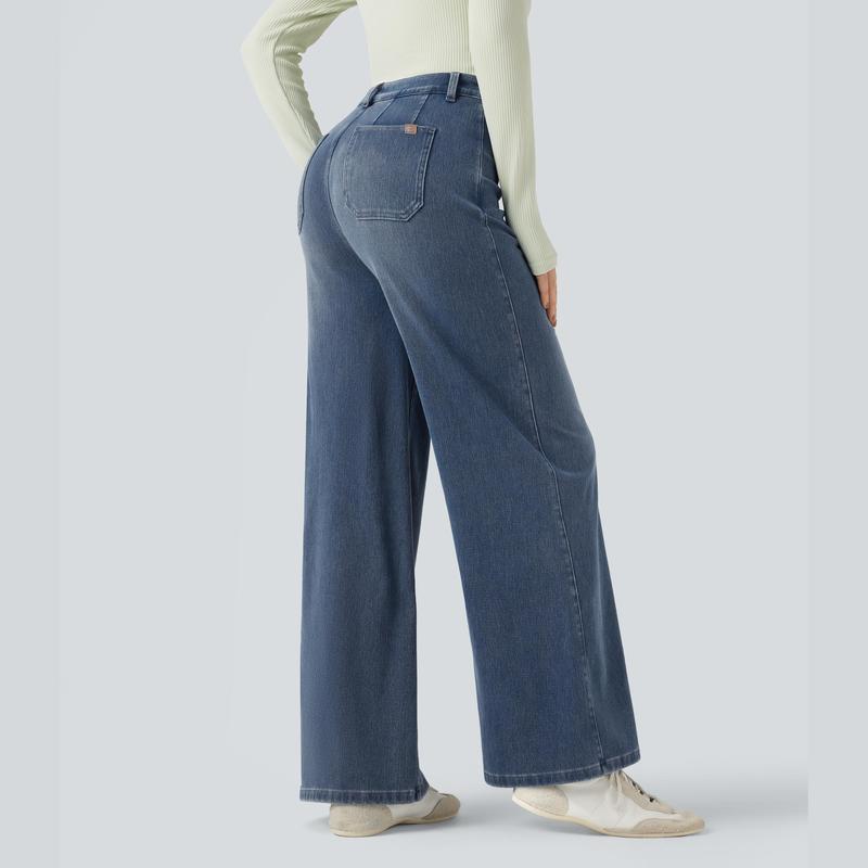 Flex High Waisted Tummy Control Wide Leg Casual Jeans with Pockets
