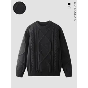 Men's Fall Winter Vintage Herringbone Knit Sweater, Soft Comfortable Plain Pattern, Fitted Casual Style, Multiple Colors Available