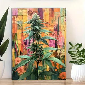1pc 12x16 Inch Framed Wall Art Poster - Vibrant Pop Art Collage with Abstract Splatter Design, Trippy Marijuana Artwork for Home Decor, Office, Gifts, Marijuanna Decor, Gift for Pot Lovers, Weed Leaf Design, Bold Color Print, Artistic Flair Piece	