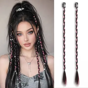 WIGQUEEN Clip in Braid Hair Extensions for Women, 20" Boho Dreadlock Clip in Braids with Beads & Charms, 2PCS Handmade Synthetic Braided Hairpieces for Cosplay Daily Styling