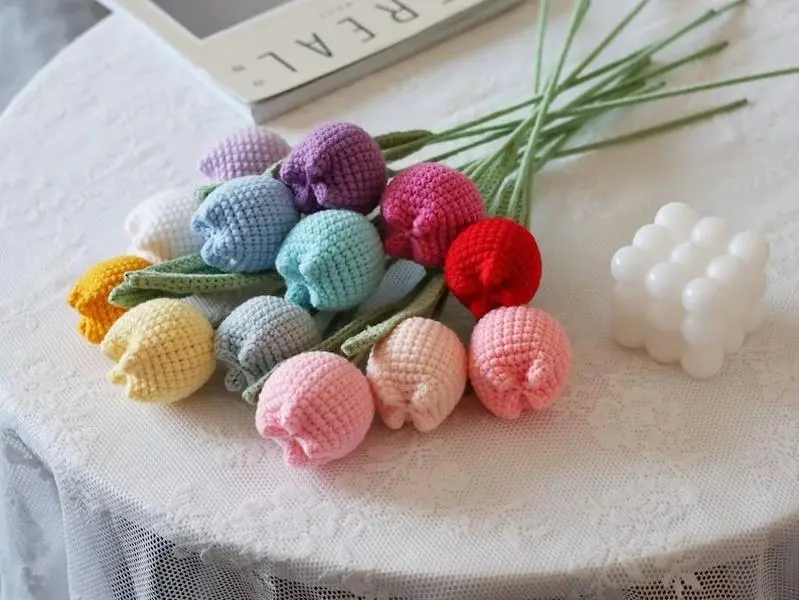 Set of 5, crochet tulip flower bouquet, hand made, home decoration, knitted tulip flower Forever flower