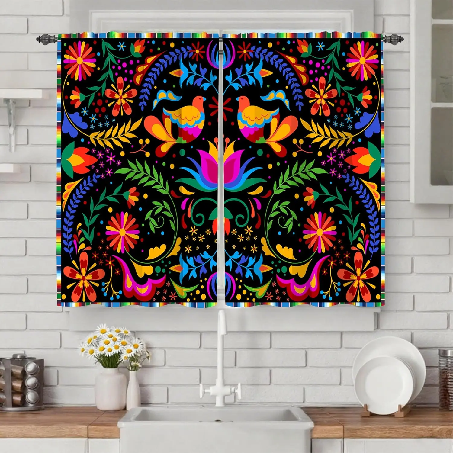 Folk Art Mexican Stripes Bird Motifs Rustic Kitchen Curtains, Wrinkle Resistant Pocket Window Drapes, 2-Panel Set (27.5x39 in), Machine-Washable for Kitchen/Bath Camper Spaces