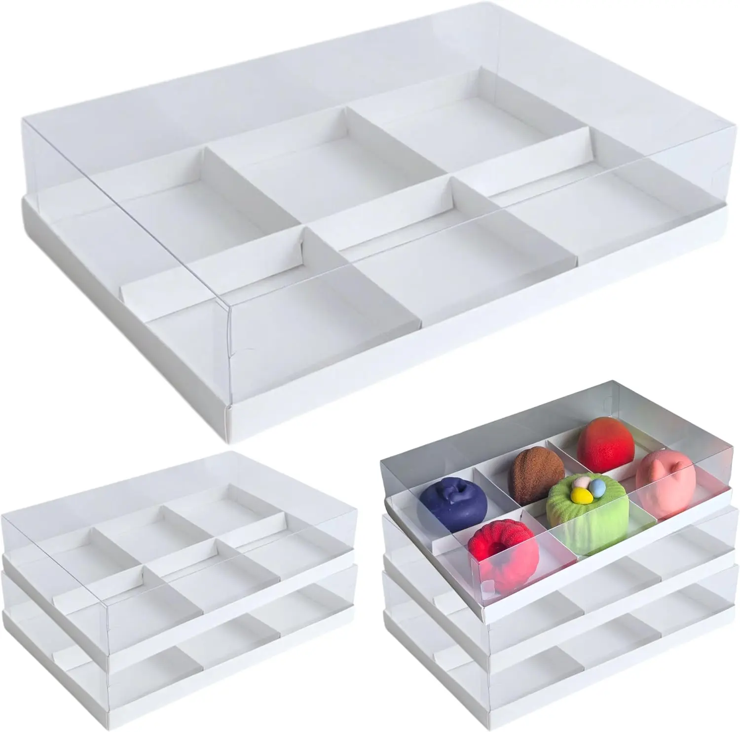 Pastry Boxes 6-Pack 11x7x2.5 inch, with Clear Transparent Lid and Dividers, 6 Cavity, White Glossy Packaging Bakery Supplies for Mousse Cake, Tarts, Macarons, Cookies, Gift Box