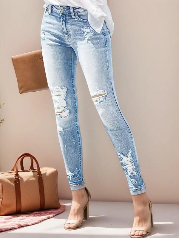 Jeans Women's High Elastic Slim Fit Stretch Ripped Plus-Size High-Waist Distressed Denim Comfortable Trendy Fit Breathable Soft Cotton Blend