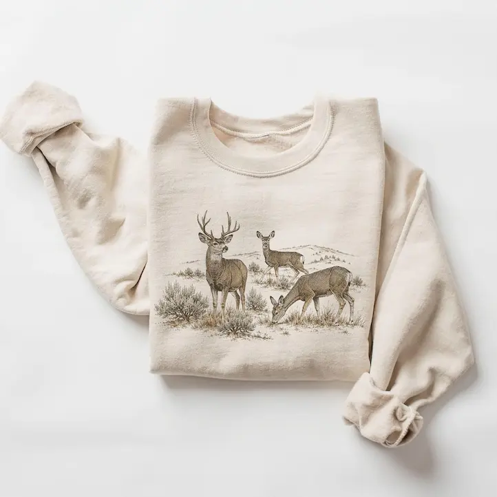 Retro 90's Buck & Doe Mule Deer Sagebrush Hill Scene Unisex Adult Crewneck Sweatshirt