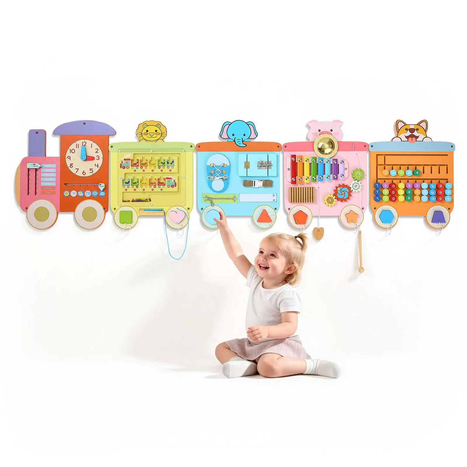 VEVOR Wall Busy Board, 18-in-1 Train Montessori Sensory Activity Panels, Learning Activity Center for Daycare, Classroom, Playroom, and Home, Sturdy Wooden Educational Toys, with Mounting Hardware