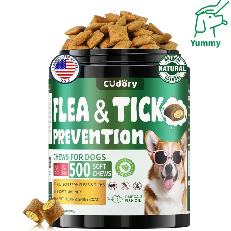 Cudory Dog Flea and Tick Prevention Chewables, 500 Ct Naturally Derived Supplement with Chicken-Cheese Flavor, Pumpkin Seed Extract & Vitamin, Supports Skin Hydration & Coat Shine, 24 Months Digestive Remedy for Everyday Wellness, All Breeds & Ages