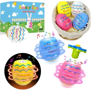 Easter Eggs Basket Stuffers Toys Gifts for Toddler Boys Girls,4 Pack Light up Spinning Tops with Music, Non Candy Spring Easter Egg Hunt Party Favor Supplies Goodie Bag Filler Classroom Prize for Kids