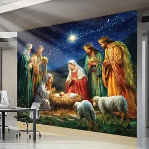 1pc 2D Flat Nativity Scene Backdrop - Machine Washable Polyester Decorative Banner, Jesus Birth Depiction with Wise Men & Sheep, Party Decoration Supplies for Indoor/Outdoor Use, White