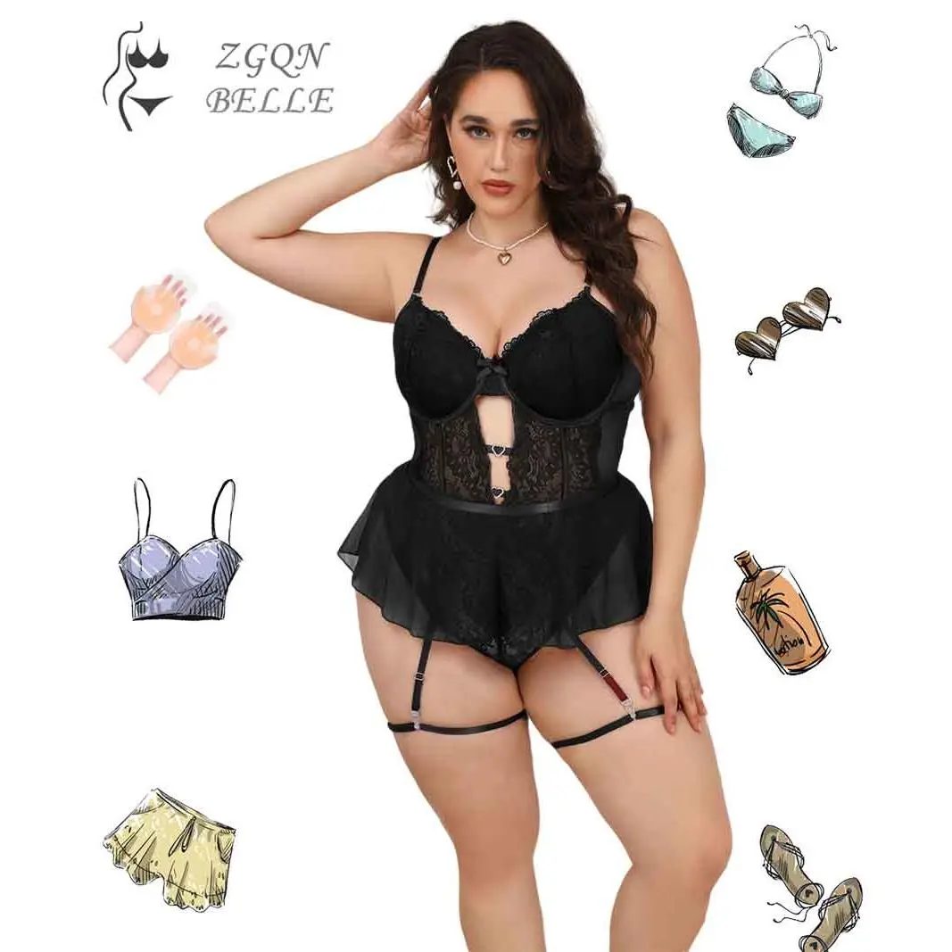 sexy lingerie leggings Plus Size Ayda Lace Bustier Set, Sexy Lace Garter Bustier main image 1