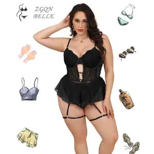 4pcs Plus Size Sexy Lace & Mesh Lingerie Set crotchless open bra seductive  lingerie