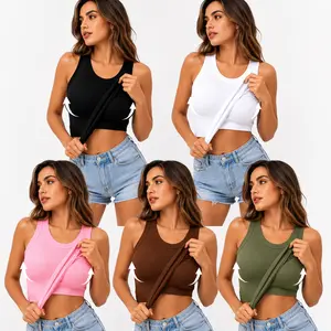 Women's 2026 New Fashion Ribbed Stretchy Tank Top - Round Neck, Solid Color, Built-in Bra, No Bra Needed, Multi-Color Options