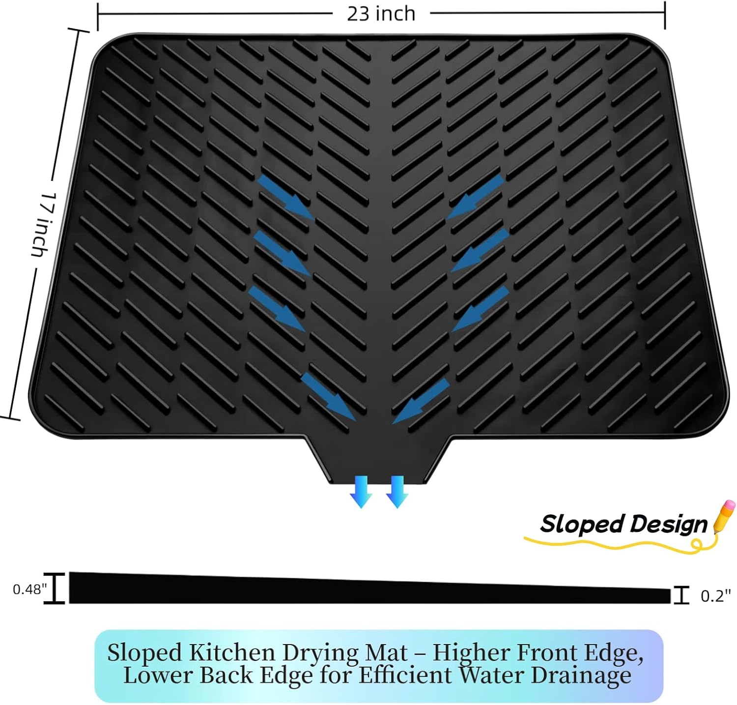 Silicone Drying Mat, 23"X17" With Built-in Drain Lip,Heat-Resistant,Eco-friendly,Hygienic Drying Pad,Leak-Proof and Non-Slip,Silicone Dish Drying Mat for Kitchen Counter or Sink