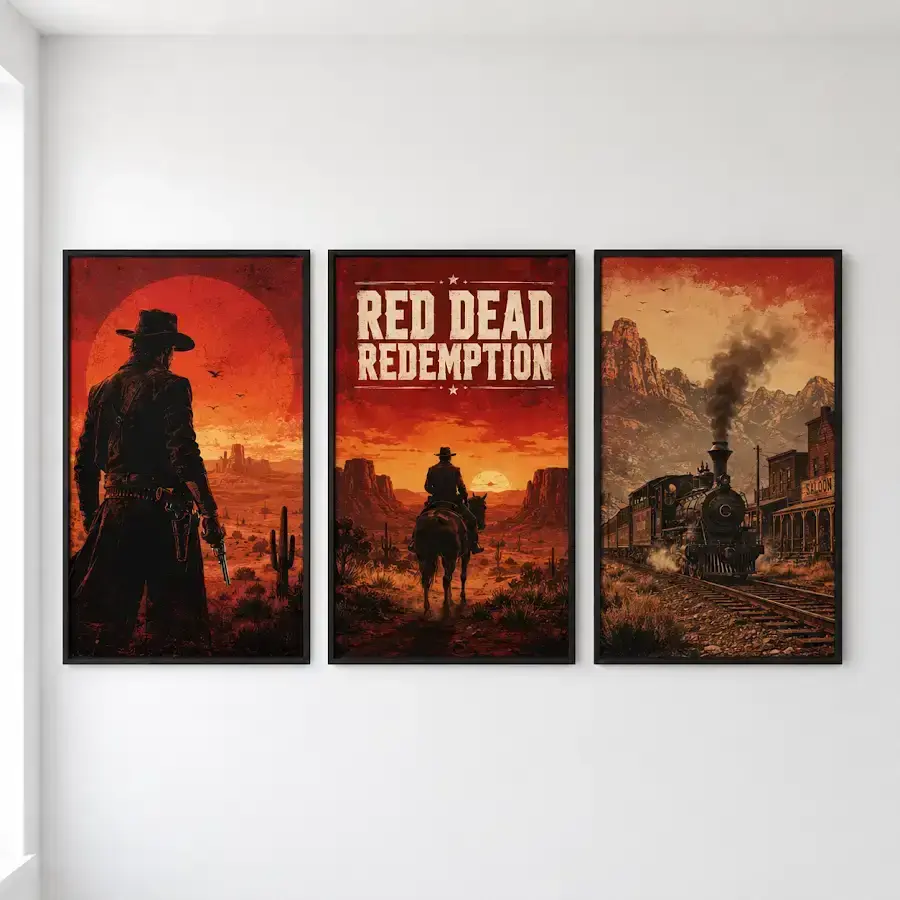 Red Dead Redemption RDR2 3 Piece Wall Art Set, Wild West Cowboy Silhouette Gamer Decor, 3 Panel Outlaw Gaming Poster Prints