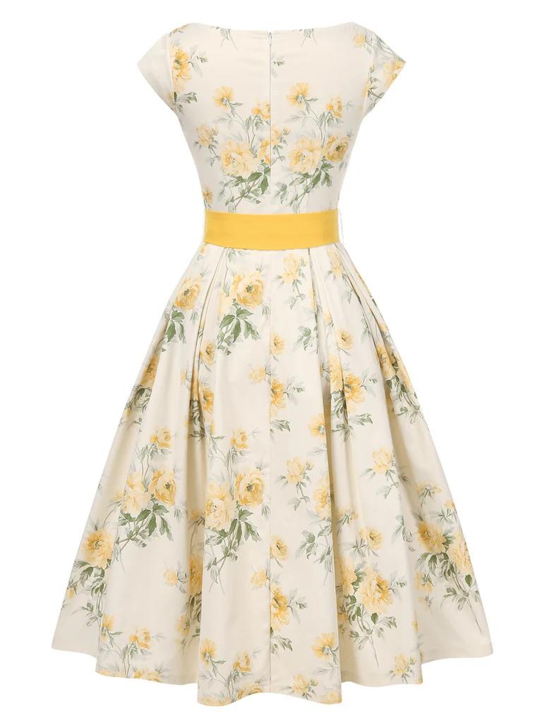 Yellow 1950s Boat Neck Antique Floral Dress Spring Vacation Womenswear Fitted Casual Sleeveless