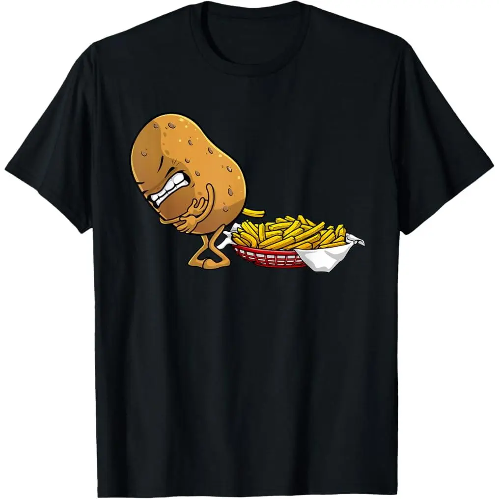 Unisex 100% Premium Cotton Short-Sleeve Casual Graphic Sports Top, Funny French Fries Design for Potato Food Eaters, Menswear-Inspired Comfort Tee, Shortsleeve
