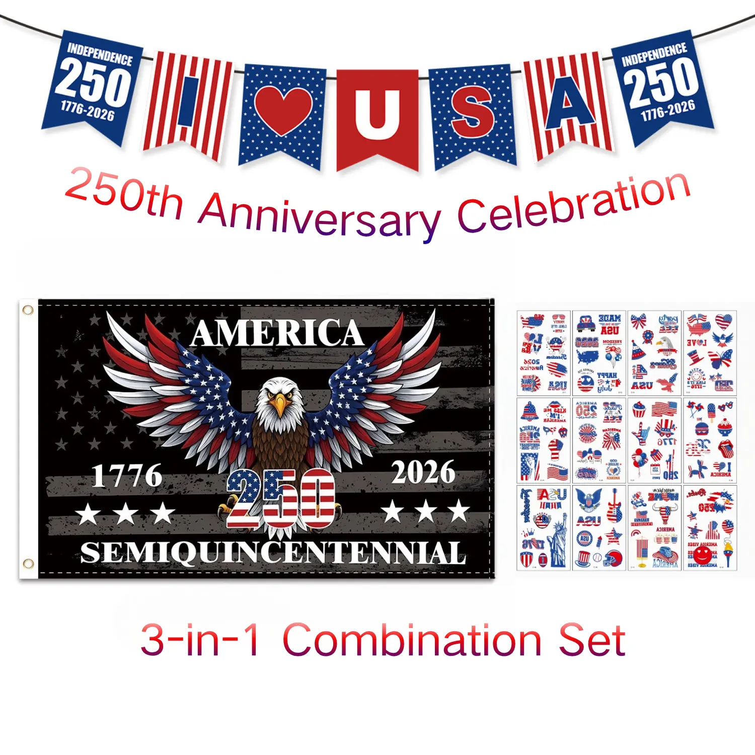 3PCS Polyester 1776-2026 250th Anniversary Commemorative Flags Set - Patriotic Bunting, Ethnic Pride Collectibles, Window Flags, Home Party Decor Kit with Banner & Tattoos, Independence Day Milestone Supplies