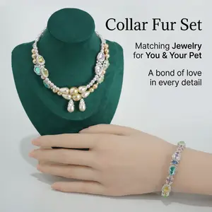 Collar Fur Double Layer Pearl Rhinestone Bracelet and Pet Necklace for Human Pet Daily Companion Jewelry