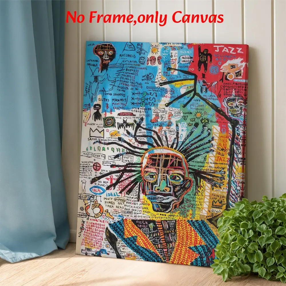 Modern Wall Art, Basquiat-Inspired Jazz Graffiti Portrait Poster, Neo-Expressionist Street Style Printing, Multicolor Canvas Decoration, Living Room & Studio Aesthetic, Perfect Gift For Art Lovers, Artistic, Unique Artwork, Framed.