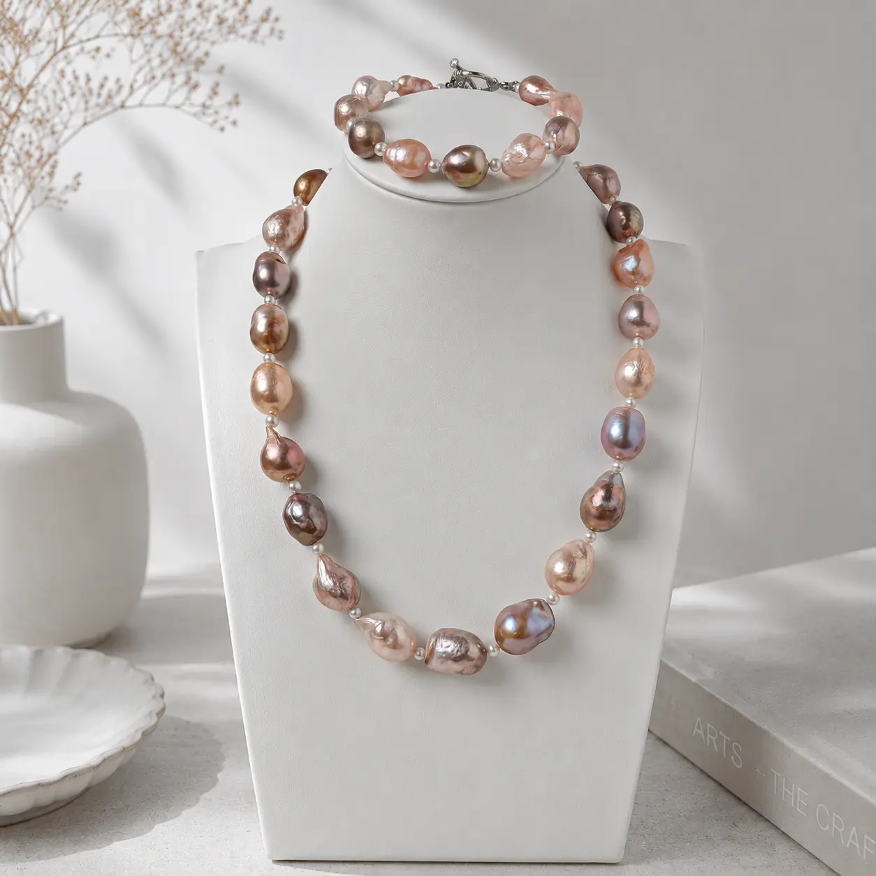 Set27-Enchanted Pearl Baroque Pearl Jewelry Set,Natural Freshwater Pearls,Carefully Matched for Cohesive Look,One-of-kind Necklace&Bracelet,Natural Growth Marks Are Normal.