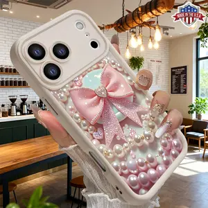 Cute Pink Bow Pearl Heart Sparkle Pattern Case for iPhone 17 16 15 14 Pro Max 13 12 11 XR XS Plus Air Slim Shockproof Anti Drop Protective TPU Cover