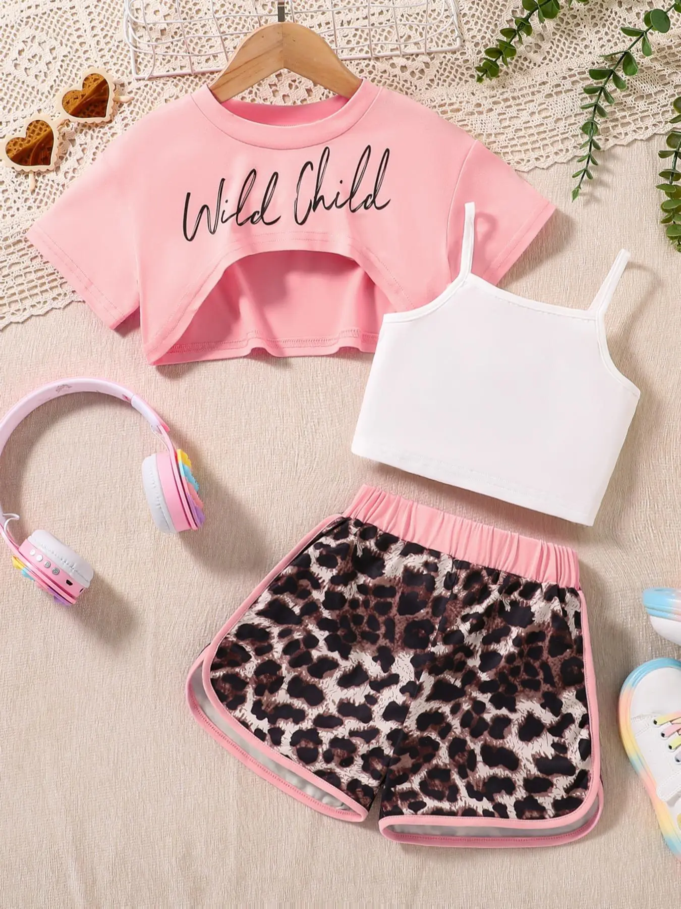 Girl's Letter Print Crop Tee & Solid Cami Top & Leopard Print Shorts Set, Casual Fashion Cozy Three Piece Set for Daily Outdoor Wear, Girls Set for Summer, Kids Girls Clothing, Elastic Shorts Set, Summer Gift Set