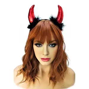Sexy Shiny Red and Black Devil Horn Headband Halloween Costume Accessory with Feathers, One Size Fits All, High-Quality Polyester Fiber Material