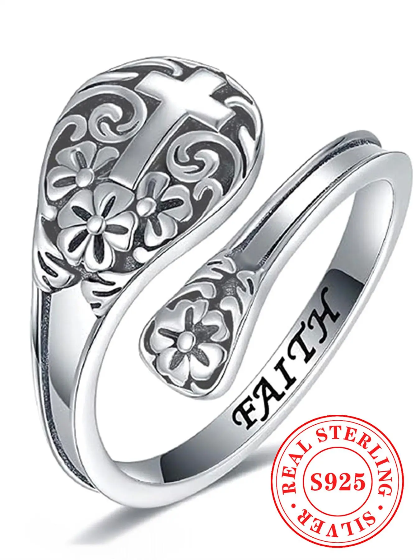 S925 Sterling Silver Fashion Flower Cross Design Cuff Ring, Engraved Ring, Unique Rings, Elegant Fashion Rings, Fashion Jewelry for Party, Daily Clothing Decor, Trendy All-match & Exquisite Jewelry for Birthday Gift