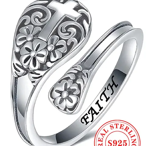 S925 Sterling Silver Fashion Flower Cross Design Cuff Ring, Engraved Ring, Unique Rings, Elegant Fashion Rings, Beautiful Rings, Fashion Jewelry for Party, Daily Clothing Decor, Trendy All-match & Exquisite Jewelry for Birthday Gift