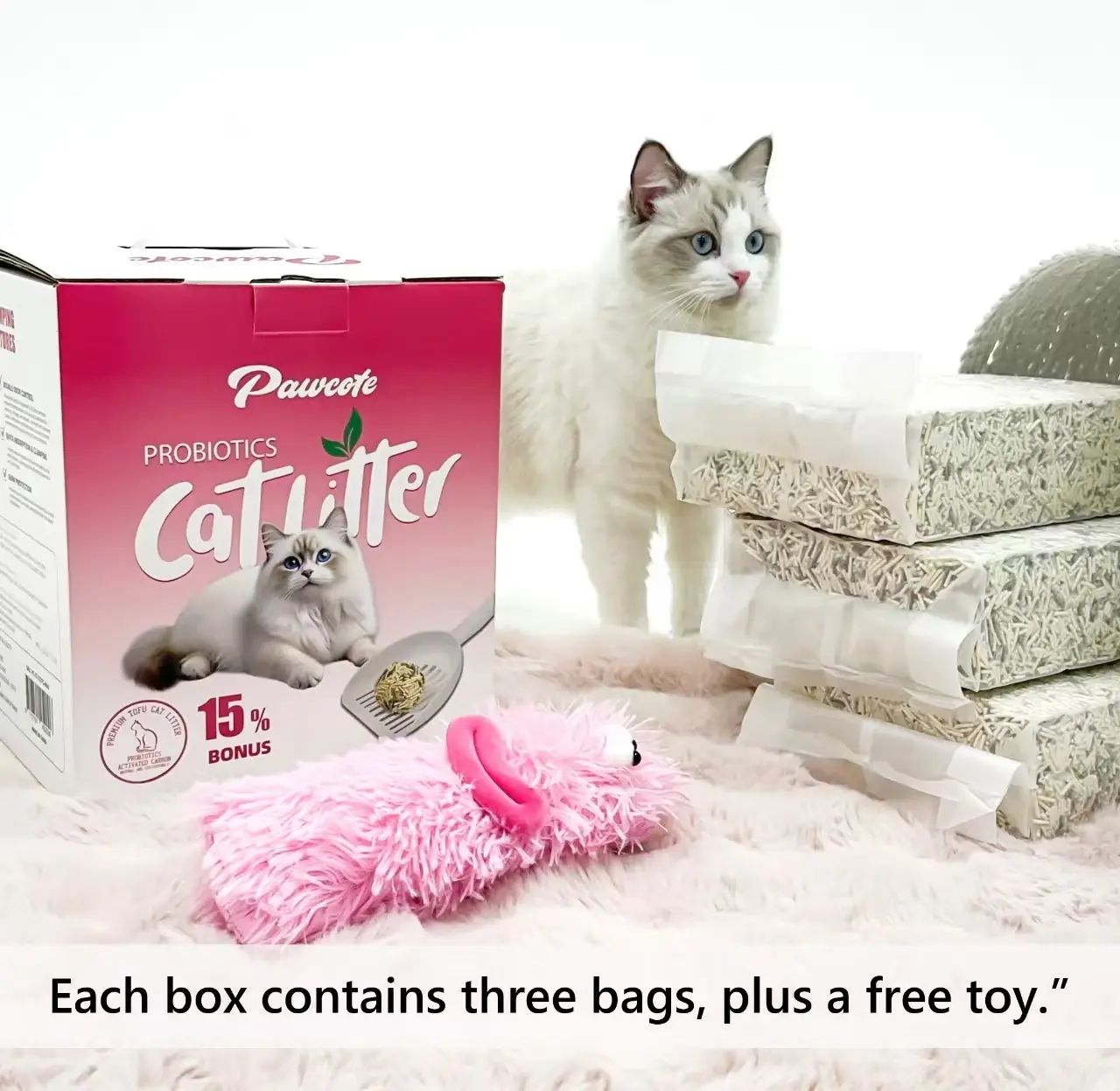 PawCute Tofu Cat Litter With Probiotic & Activated Carbon, Each Box Contains Three Bags, Plus A Free Toy (5.3lb*3 And Toy)