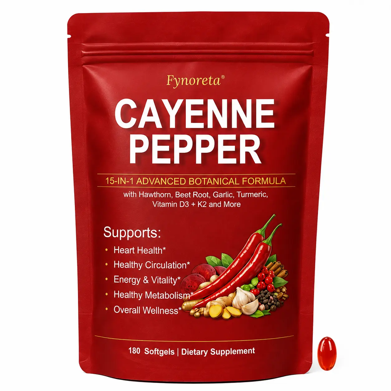 Fynoreta Cayenne Pepper Softgels - Natural Supplements with Herbs for Heart Health, Blood Pressure Regulation, Circulation, Nitric Oxide Boost, Metabolism Support (Hawthorn, Berberine, Grape Seed, Beet Root, Turmeric),travel essentials