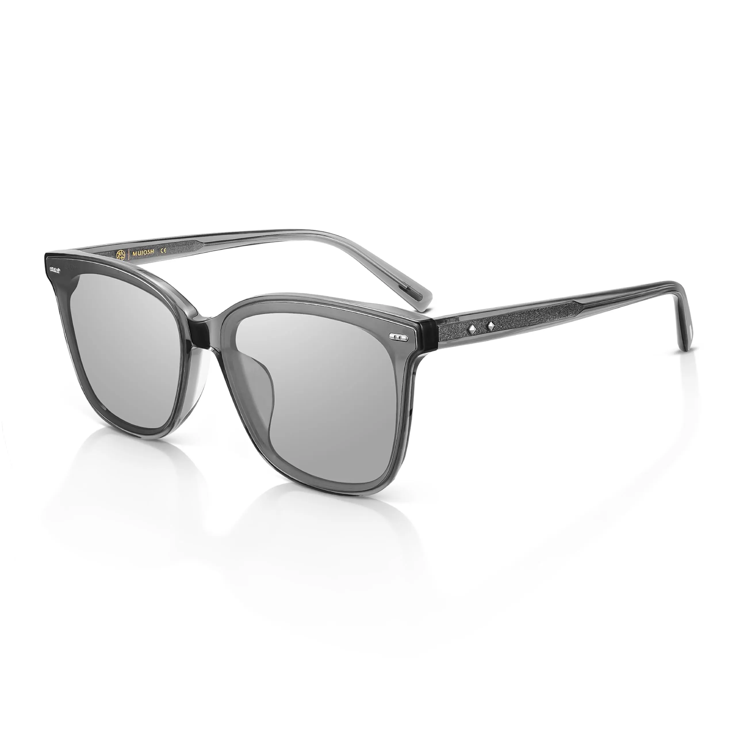 MUJOSH Square Sunglasses for Men Women, Polarized Flush-Mount Shades with Minimalist Rivets, Acetate UV400 Eyewear with Crystal Logo, Slate Grey, Brand of EssilorLuxottica