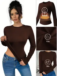 Women's Long Sleeve Crew Neck Thermal Brown Shirts Ribbed Knit Slim Fit T-Shirt Basic Tee Tops for Versatile Styling Tshirt Chic Jeans Piece Womenswear Everyday Streetwear Casual Crewneck Minimalist Style