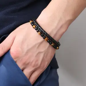 Natural Tiger Eye Beaded Bracelet Men PU Leather Braided Lava Stone Jewelry