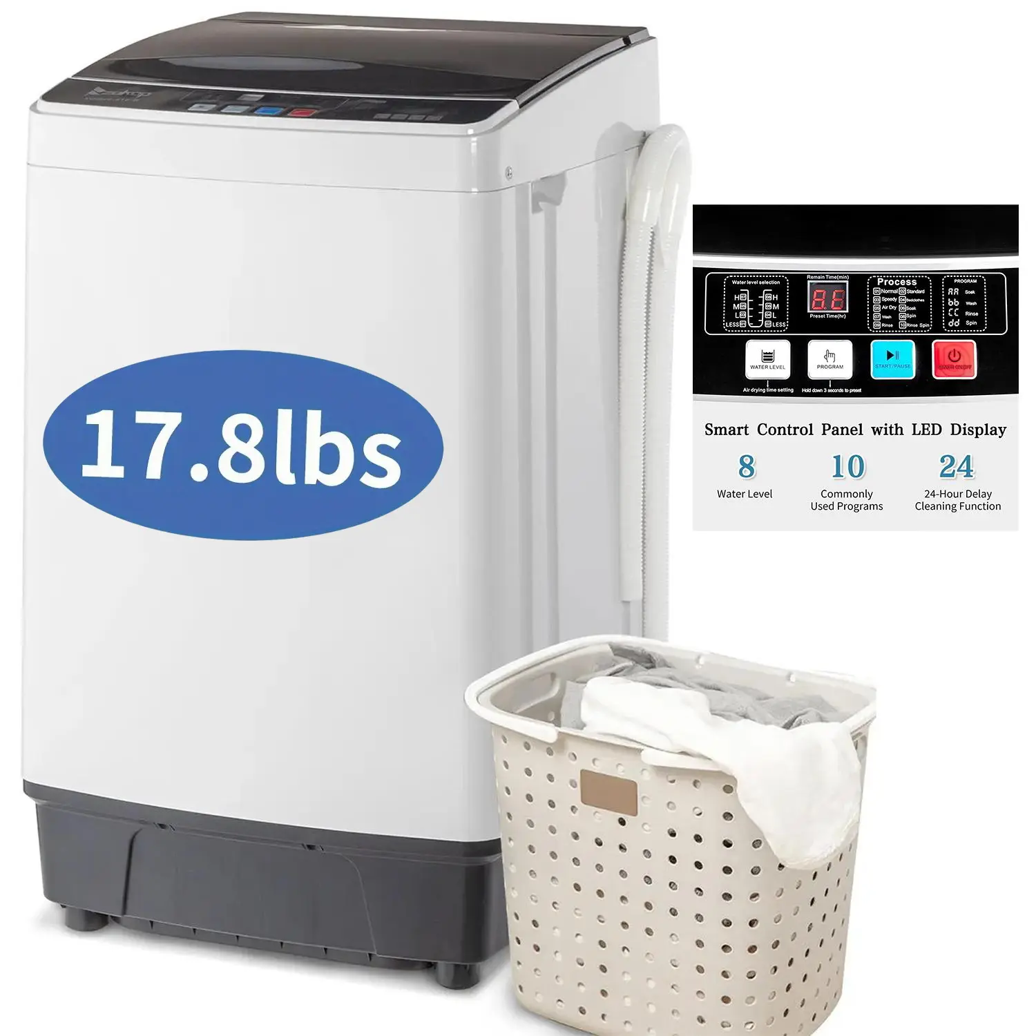 ZOKOP XQB82-6C08 110V 60Hz Ready Top-Load Full-Automatic Washing Machine, Portable Compact Laundry Washer with Drain Pump, 10 Wash Programs, 8 Water Levels, LED Display, 17.8 Lbs Capacity, Black