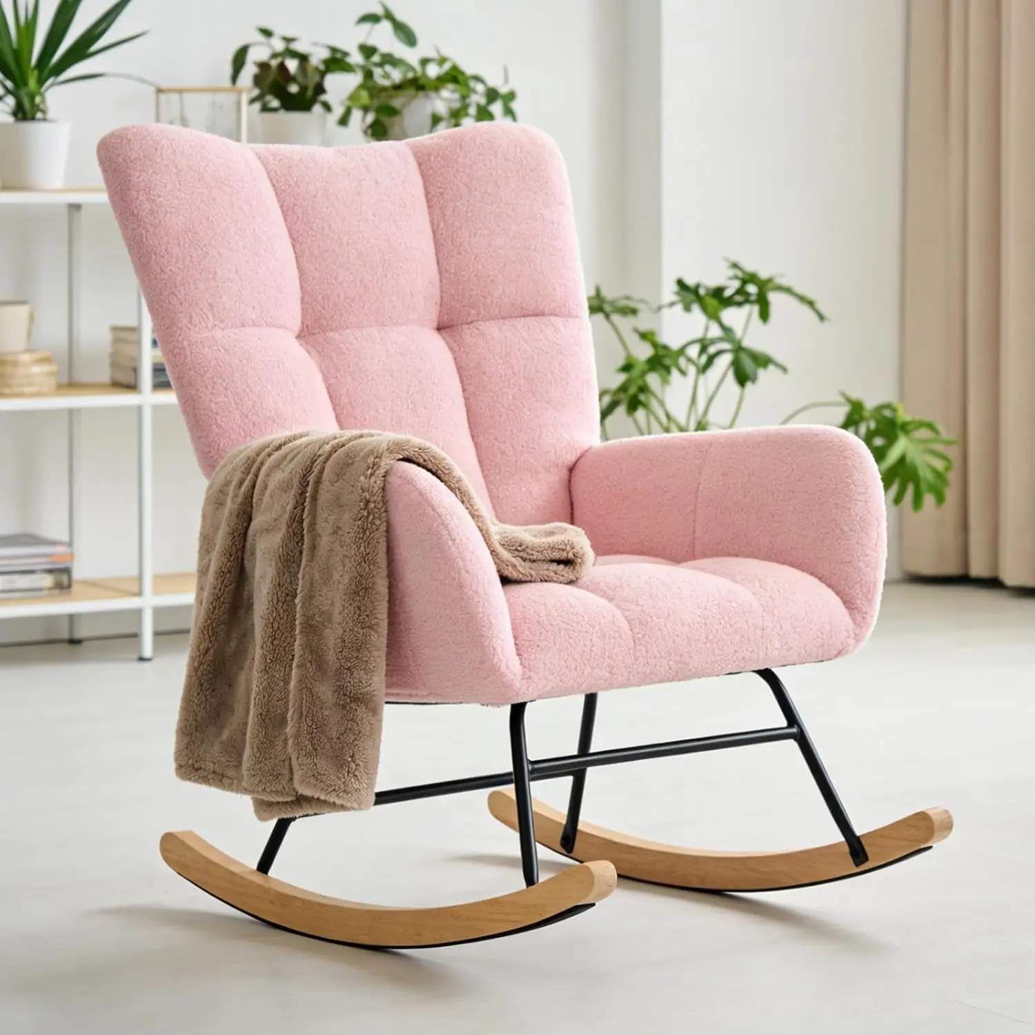 Wing Back Teddy Upholstered Glider Rocking Chair Soft Padded Indoor Reading Chair for Bedroom Living Room Office