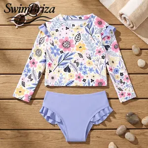 Briza｜Girls Long Sleeve Ruffle Tankini Swimsuit Set Lavender White Floral Print 2 Piece Bathing Suit with Swim Shirt and High Waisted Bottom, Pool Beach Vacation Summer Swimwear, Girls Swimwear, Kids Bathing Suit, Two Piece Bathing Suit