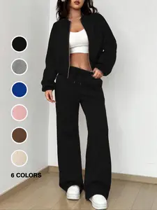 Two-piece Set Women's Solid Zip Up Jacket & Drawstring Waist Wide Leg Pants, Casual Suit Set, Casual Fashion Cozy Breathable Outfits for Daily Outdoor Wear, Women Clothes for Fall & Winter