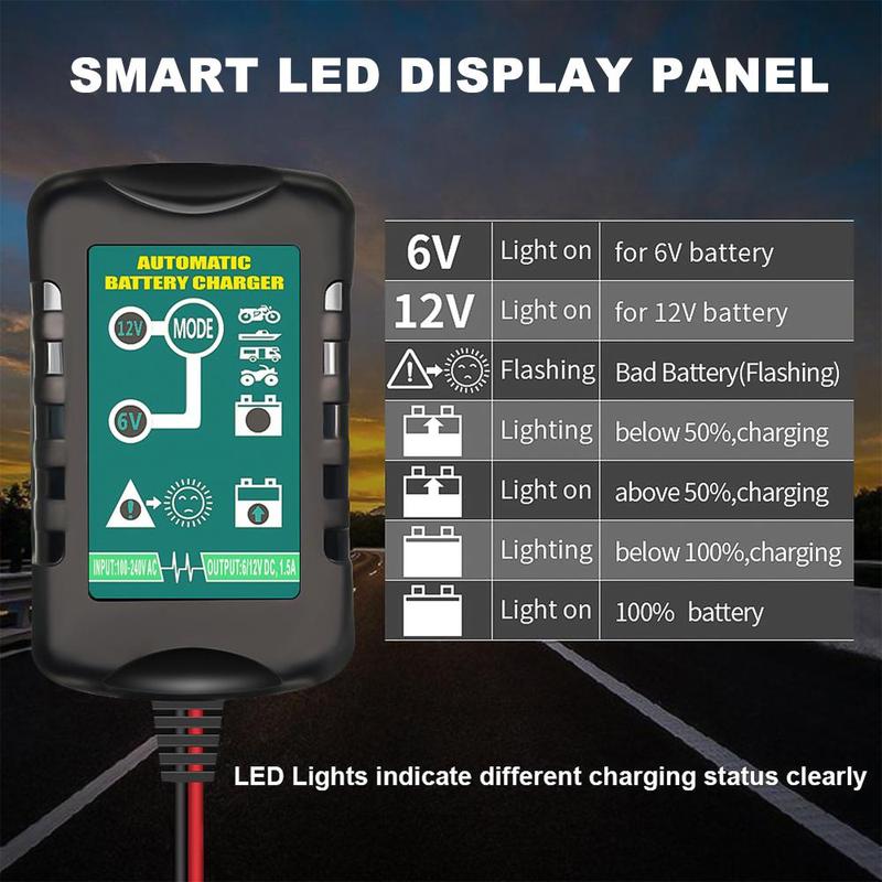 6V 12V Car Battery Charger, 1.5A Smart Fully Automatic Battery Charger Maintainer,Float Charger for auto car Motorcycle Lawn Mower Boat Snowmobile Trickle Charger for Car, Lawn Mower, Motorcycle, Boat, Marine