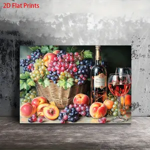 2D Flat, 1 Piece Wooden Frame Still Life Canvas Painting, Decorative Artwork - Harvest Grapes, Wine Art, Country French Kitchen Wall Decoration, Vineyard Theme, Living Room and Dining Room Ready-to-Hang Fruit and Wine Decorative Painting