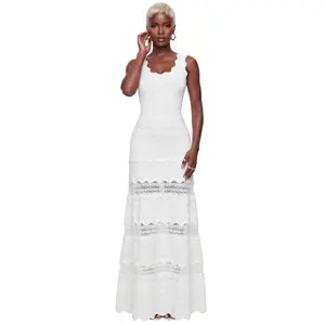 Wave Scallop Lace Panel Knit Maxi Dress