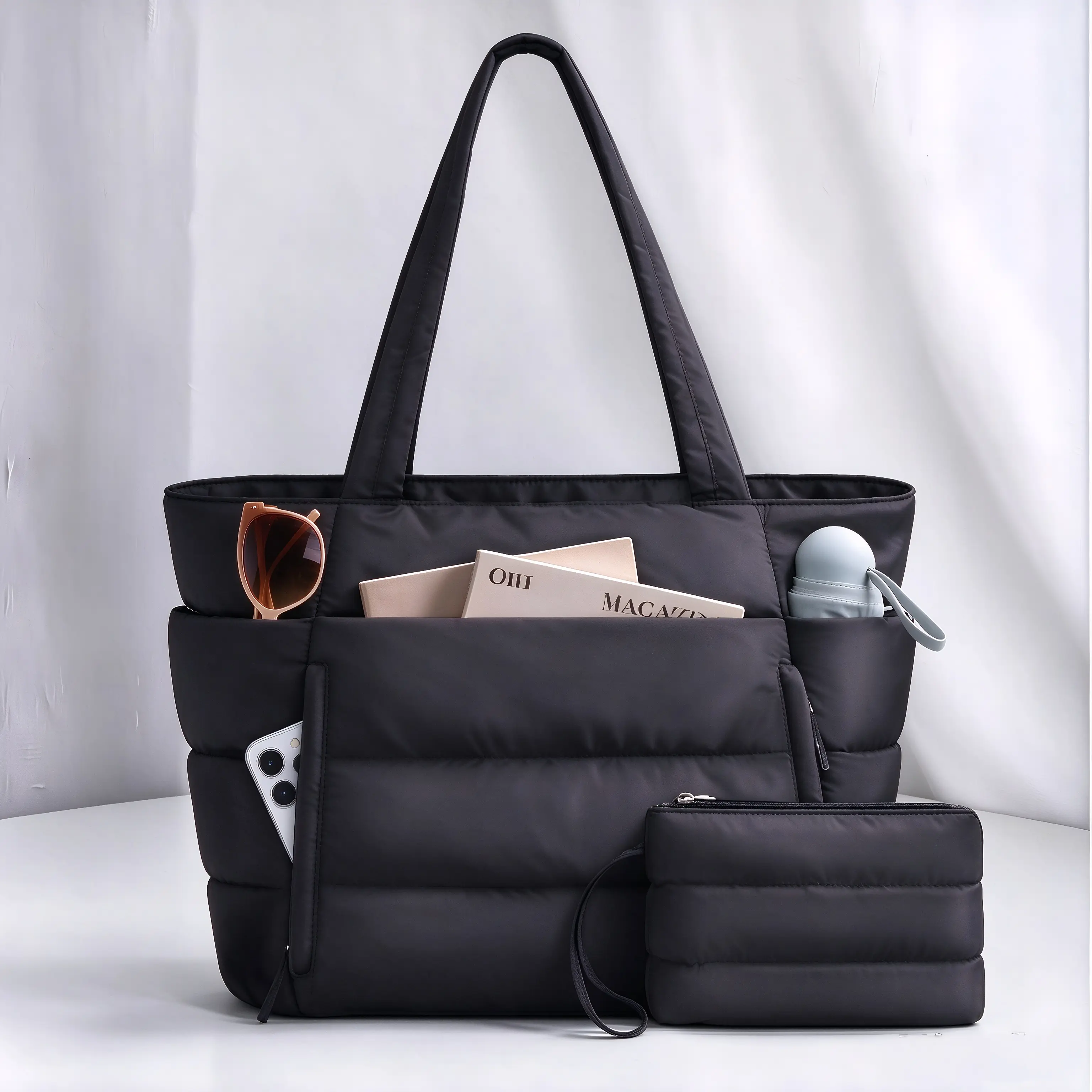 Women’s Puffer Tote Bag with Matching Organizer Pouch, Large Quilted Laptop Shoulder Bag with Zipper Closure for Work, Travel & Everyday Use