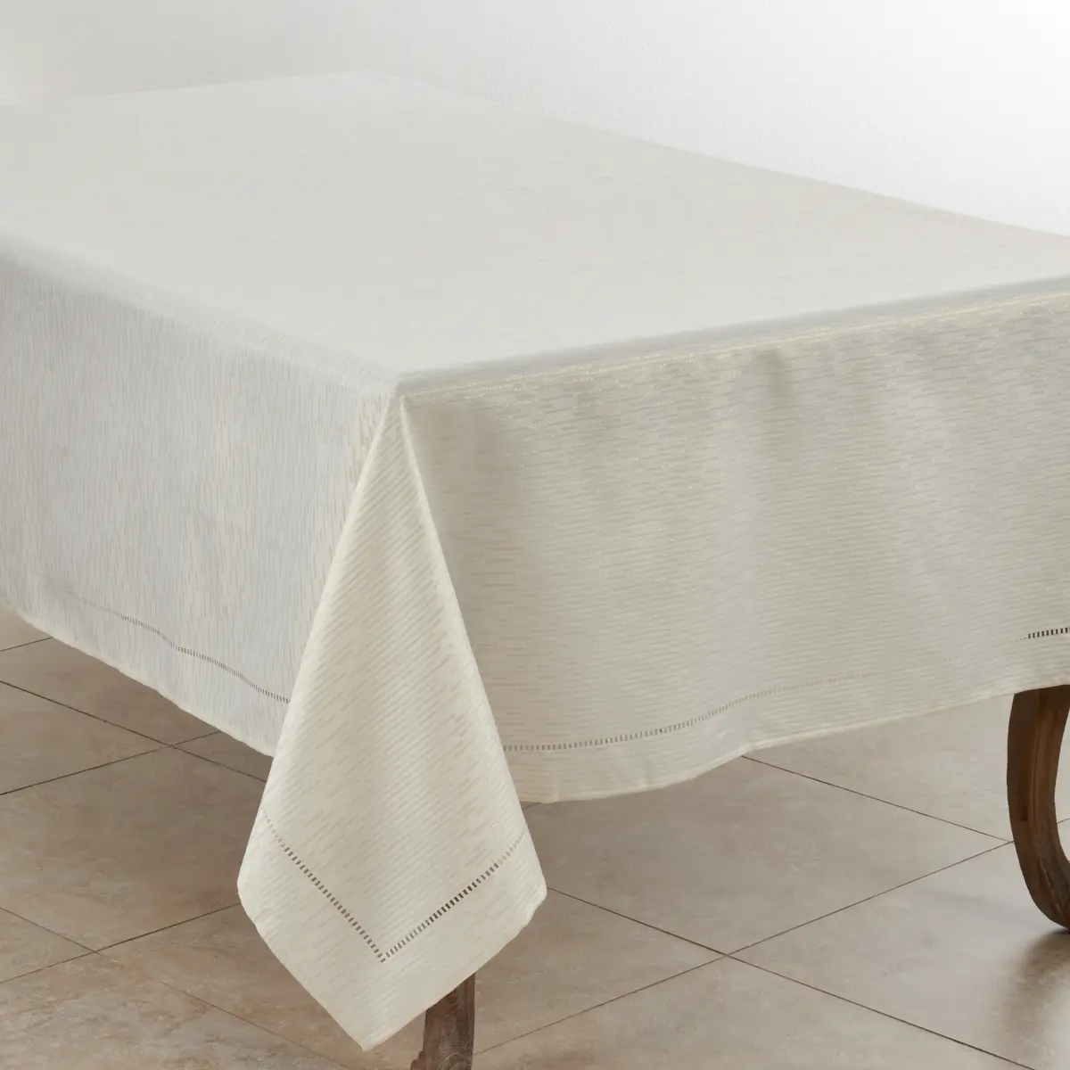 Saro Lifestyle 4009.I65120B Solid Hemstitched Design Tablecloth, Ivory, 65" x 120", Machine Washable Kitchen Linen, Modern
