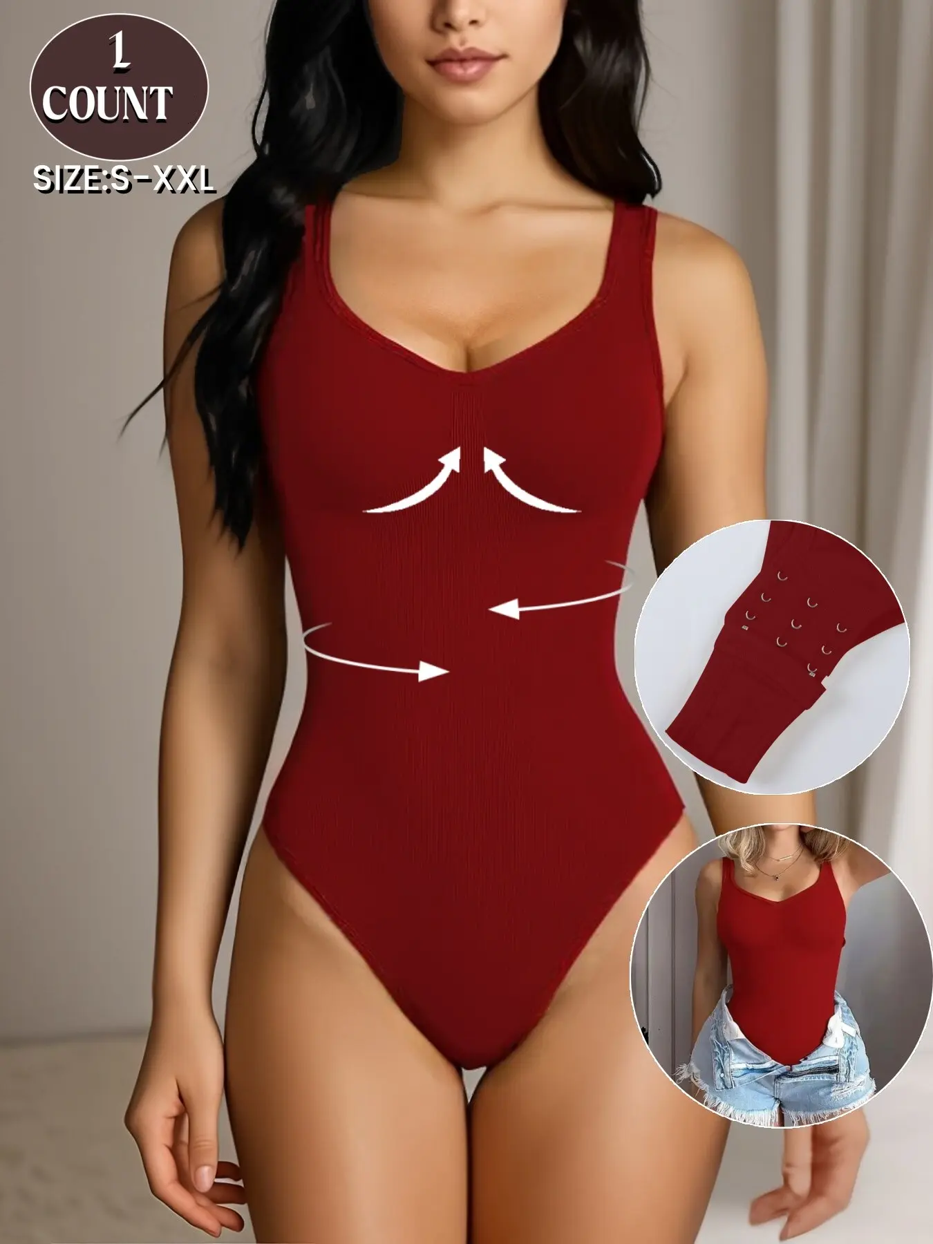 Sexy Red for Valentine's Day,Women's Ribbed Abdomen Control Bodysuit, Fashion Shapewear, Round Neck, Sleeveless Shapewear Tank Top, High Stretch Shaper, Seamless Comfortable Fit, Soft Elastic Fabric, With Buckle,Easy to Wear,For Daily&Sleep Wear