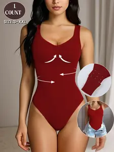 Sexy Red for Valentine's Day,Women's Ribbed Abdomen Control Seamless Sculpting Bodysuit, Sleeveless Shapewear Tank Top, Seamless Comfortable Fit, Soft Elastic Fabric, With Buckle,Easy to Wear,Perfect for Daily&Sleep Wear