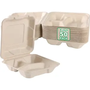 To Go  Boxes with  - 8x8'' 50-Pack  3 Compartment Clamshell Take Out Containers, Disposable Carry Out Meal Prep Paper Containers For Lunch, Stackable,