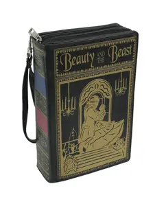 Enchanting Black Vinyl Beauty and the Beast Book-Shaped Handbag: Novelty Zippered Clutch Purse with Crossbody Strap for Fairy Tale Fashion Enthusiasts