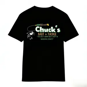 Chuck's Bait & Tackle T-Shirt | The Best Damn Bait Shop In Wabasha County | Fishing Rod & Walleye Graphic | Back Print Vintage Fishing Tee | Outdoorsman Gift