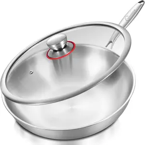Tri-Ply 13 Inch Stainless Steel Wok Pan with Lid, Stir-Frying Pan, Induction Wok, Dishwasher and Oven Safe, Heavy Duty with Detachable Handle