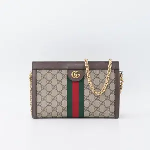 Pre-owned GUCCI PVC Shoulder Bags Ophidia Small Beige Ebony Vintage Monochrome Logo Chain Strap Canvas Leather Clutch Crossbody Bag for Evening Events